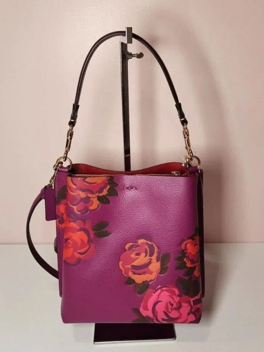 Coach Mollie Bucket Bag Jumbo Floral Print Dark Magenta Leather - Picture 5 of 8